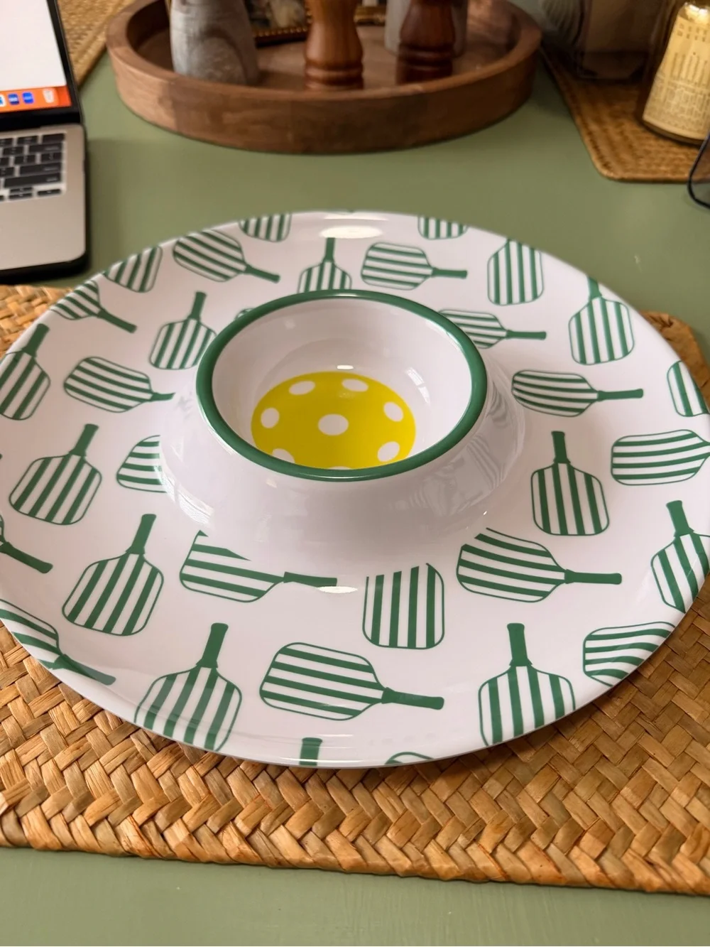 Michaels White Tray with Green Paddle Pattern and Yellow Polka-Dot Center